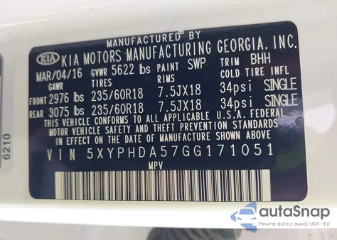 2016 Kia Sorento 3.3L Ex из США, поврежденный, VIN 5XYPHDA57GG171051